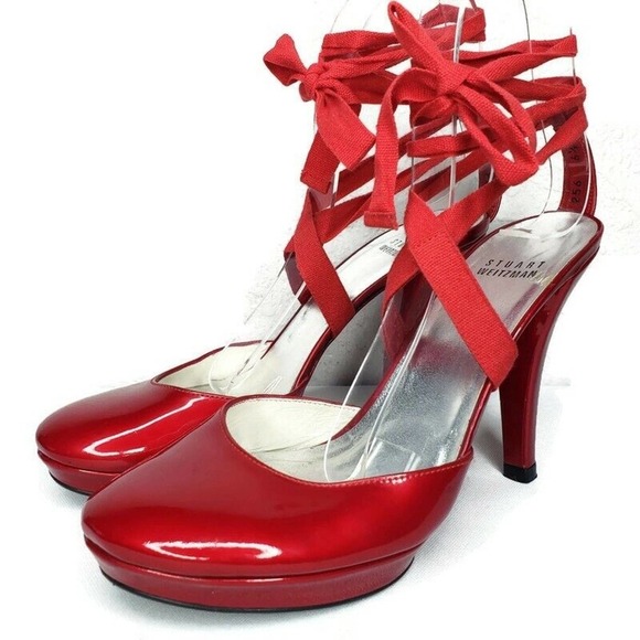 Stuart Weitzman Women's Red Patent Platform Size 6.5 Heels Ankle Wrap Tie Pumps - Picture 1 of 14